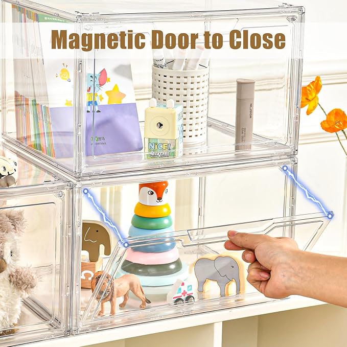 5 Pack Clear Stackable Shoe Organizer Box with Lids, Acrylic Shoes Box with Magnetic Doors, Transparent Shoe Storage Bins Closet Organizers, Shoes Containers For Sneaker Display, Fit up to US Size16