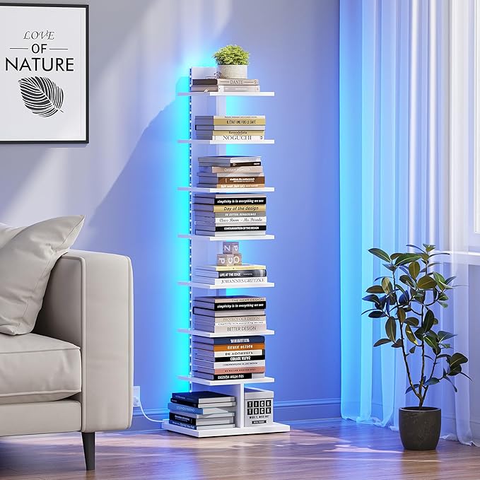 TUTOTAK Narrow Bookshelf, 8-Tier Bookcase with LED Lights, Spine Book Shelf for Small Space, Corner Standing Shelf for Living Room, Office, Study, Entryway, White BS06BW008L