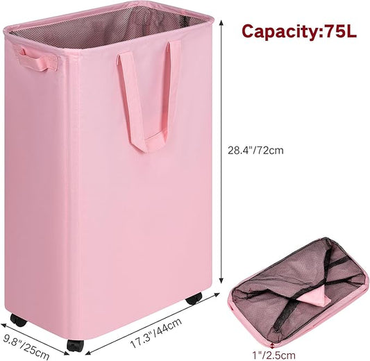 efluky Slim Laundry Hamper with Wheels, Rolling Laundry Basket for Clothes, Small Laundry Basket for Bedroom, Dorm and Laundry Room, 75L (19.8 Gallons) Pink