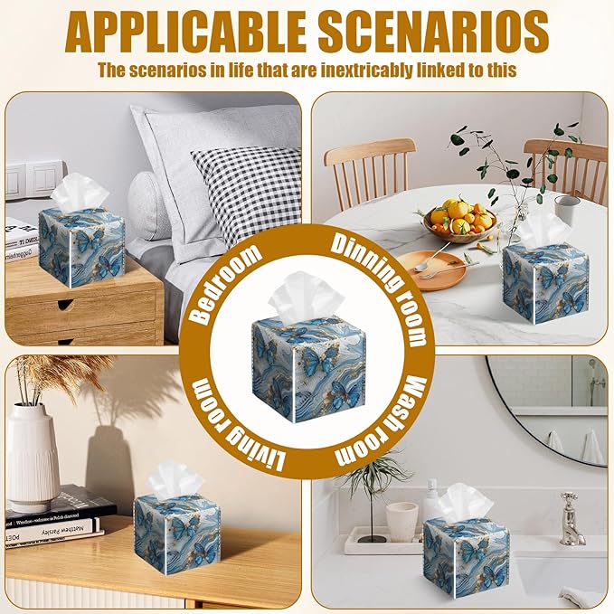 Blue Butterfly Tissue Box Cover 2PCS, Marble Leather Tissue Box Holder Square Facial Paper Case Tissue Box Cube Organizer for Bathroom Bedroom Desk Office