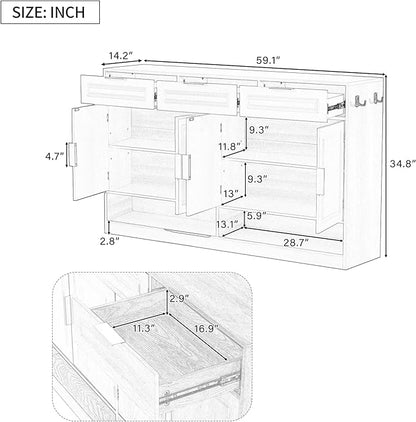 Sideboard Buffet Cabinet with Storage, 59.1" Multi-Functional Sideboard Cabinet with 3 Drawers & 4 Doors, Buffet Table with Adjustable Shelf for Dining Room, Living Room, Entryway, White