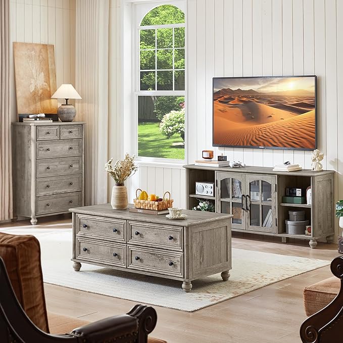 48" Farmhouse Coffee Table with Hidden Storage,Wooden Coffee Tables with 4 Drawers & Roman Column Handle,Rectangular Rustic Center Table with Solid Wood Curved Legs for Living Room,Office,Grey