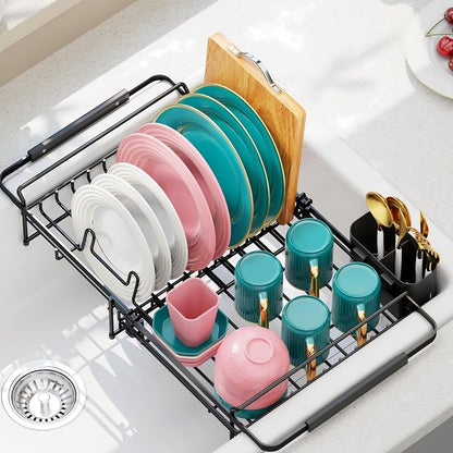 Urackify Expandable Stainless Steel in Sink Dish Drying Rack - Adjustable Dish Rack Over Sink, Rustproof Dish Drainer for Kitchen Counter, Dish Strainer with Utensil Holder, Fit Sink for 13"-18"