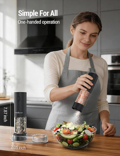 ThermoMaven Electric Salt and Pepper Grinder Set, 110ml Larger Rechargeable Automatic Salt and Pepper Mill Grinder with 6 Adjustable Coarseness, Electric Salt and Pepper Shakers, LED, Midnight Black