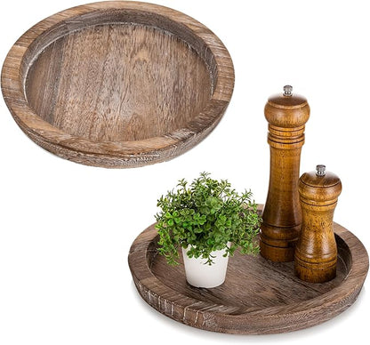 Hanobe Rustic Wooden Serving Tray: Set of 2 Round Wood Butler Decorative Tray Vintage Centerpiece Candle Holder Trays Farmhouse Ottoman Tray for Kitchen Countertop Home Decor for Coffee Table