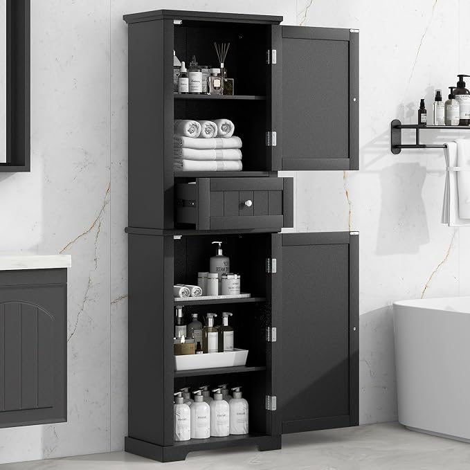Bathroom Storage Cabinet, Tall Cabinet with Adjustable Shelf | Tall bathroom storage cabinet, 2 enclosed cabinets and middle pull-out compartment keep daily essentials organized