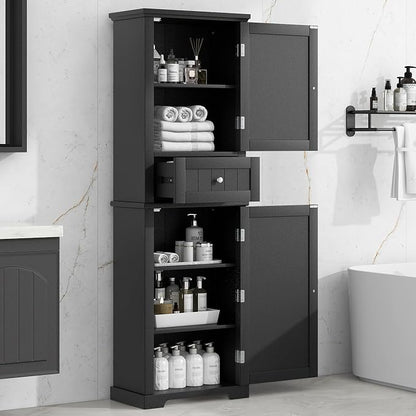 Bathroom Storage Cabinet, Tall Cabinet with Adjustable Shelf | Tall bathroom storage cabinet, 2 enclosed cabinets and middle pull-out compartment keep daily essentials organized