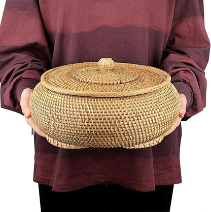 Hipiwe Round Rattan Boxes with Lid, X-Large Woven Bread Basket Natural Rattan Basket Wicker Storage Box Decorative Basket for Coffee Table Farmhouse Picnic Fruit Storage Basket