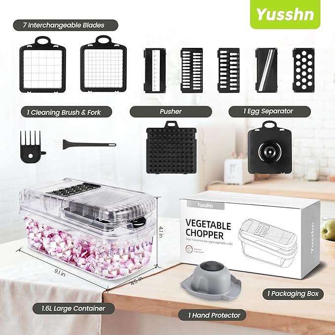 Vegetable Chopper,12-in-1 Multifunctional Food Chopper,Professional Onion Chopper with 7 Blades,Vegetable Cutter with Container for Salad,Potato,Carrot,and Garlic Essential Kitchen Tool (transparent)