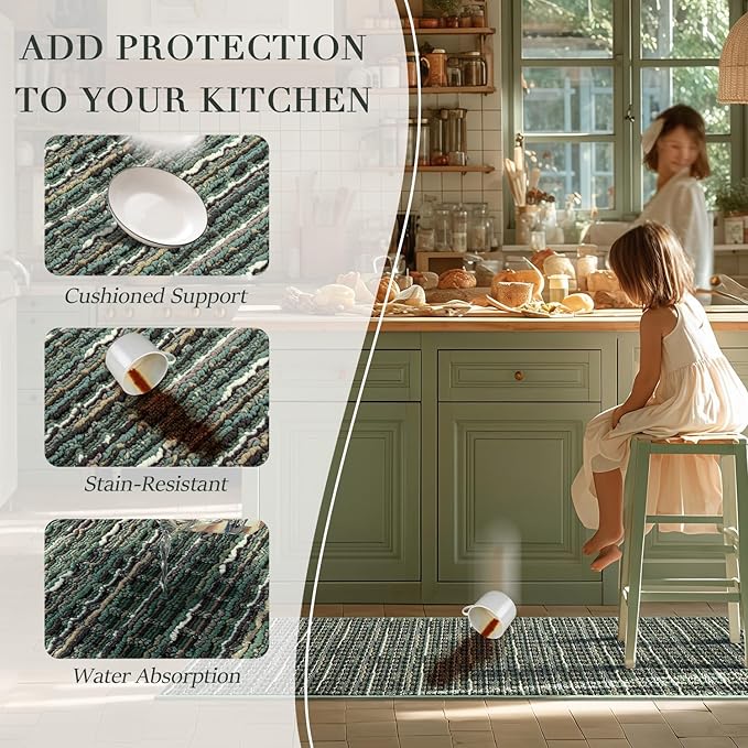 Kitchen Rugs Sets of 2-Non Slip Kitchen Mats for Floor-Thick Stain Resistant Vintage Kitchen Floor Mat Runner Carpet for Hallways Entryway Laundry Room Washable（Green 22"x59"+20"x47"）