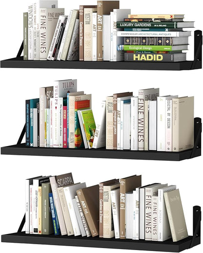 upsimples Floating Book Shelves for Wall, 23.6 Inches Floating Wood Shelves for Living Room, Laundry Room, Bedroom, Office Organizer and Storage, Black