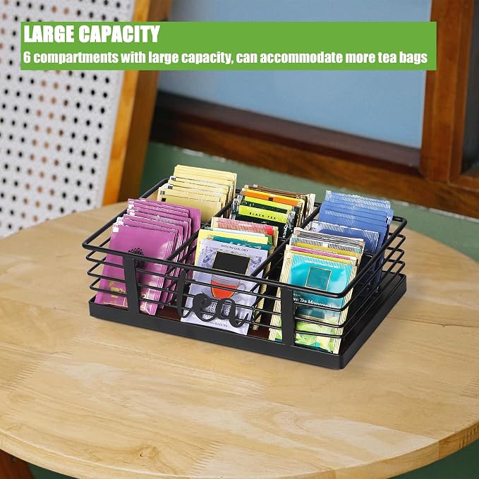 6 Compartments Tea Bag Organizer Holder, Tea Packets Storage Holder Container Display Stand Rack for Kitchen Organization Coffee Bar Decor