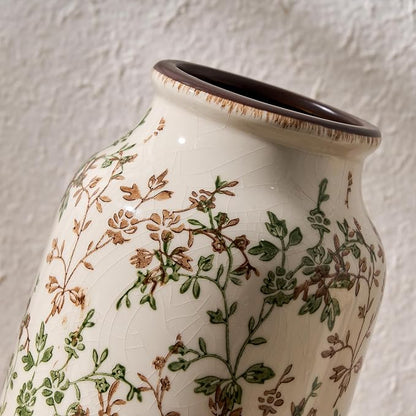 SIDUCAL Ceramic Vintage Pastoral Vase, 8.78 Inch Chinoiserie Floral Vase, Retro Ice Cracked Rustic Farmhouse Vases for Home Decor, Living Room, Bookshelf, Office, Tuscan Decor, Green and Brown Floral