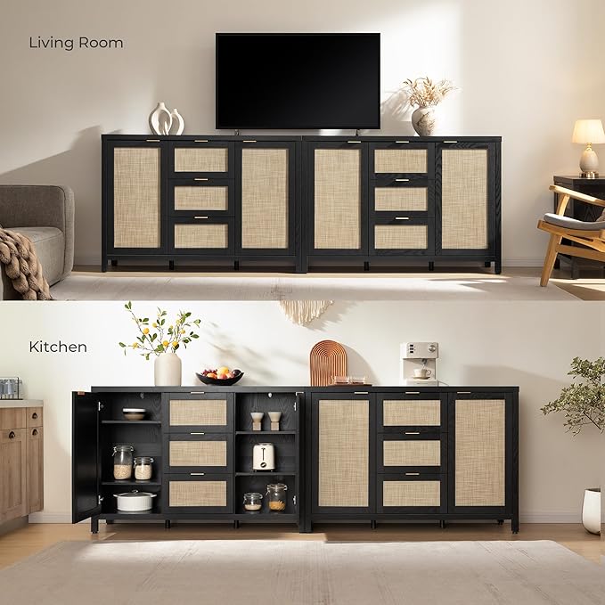 SICOTAS Rattan Sideboard Buffet Coffee Bar Cabinet with Storage - 52" Larger Farmhouse Credenza Storage Cabinet with 3 Drawers and 2 Doors, Boho Console Table for Living Room, Kitchen, Black Oak