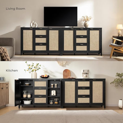 SICOTAS Rattan Sideboard Buffet Coffee Bar Cabinet with Storage - 52" Larger Farmhouse Credenza Storage Cabinet with 3 Drawers and 2 Doors, Boho Console Table for Living Room, Kitchen, Black Oak
