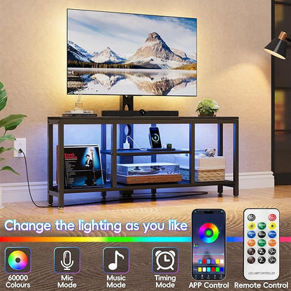 Corner TV Stand with Mount LED - Universal TV Mount Stand for 32-65" TV, Height Adjustable Swivel TV Console Wood & Steel Entertainment Center with Mount, Cabinet, Power Outlet, Colorful Light, Black