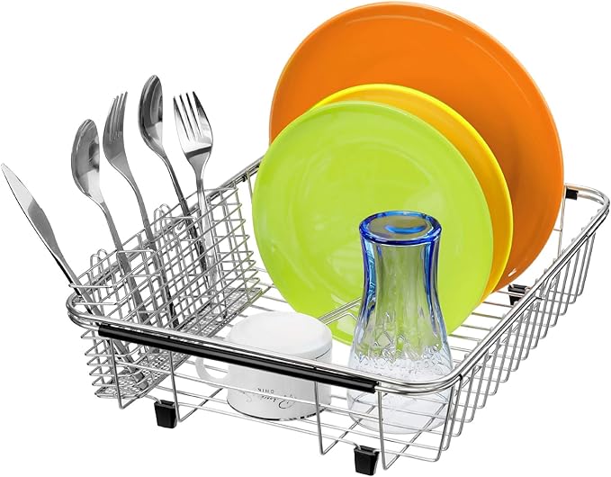 Slideep Expandable Dish Drying Rack, Stainless Steel Over The Sink Dish Rack, in Sink or On Counter Dish Drainer with Stainless Steel Removable Utensil Holder