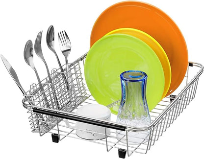 Slideep Expandable Dish Drying Rack, Stainless Steel Over The Sink Dish Rack, in Sink or On Counter Dish Drainer with Stainless Steel Removable Utensil Holder