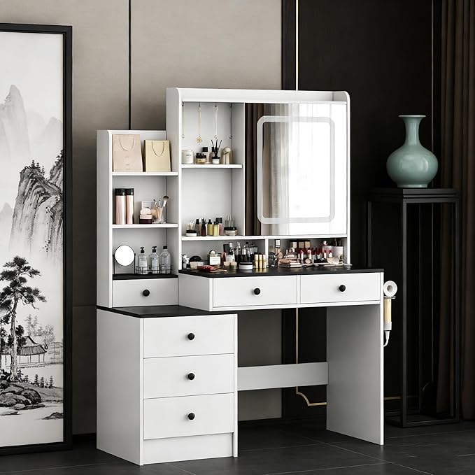 KAMABOKO Vanity Desk with Mirror and Lights, Makeup Vanity Desk with Lights 3 Colors (042 Black)