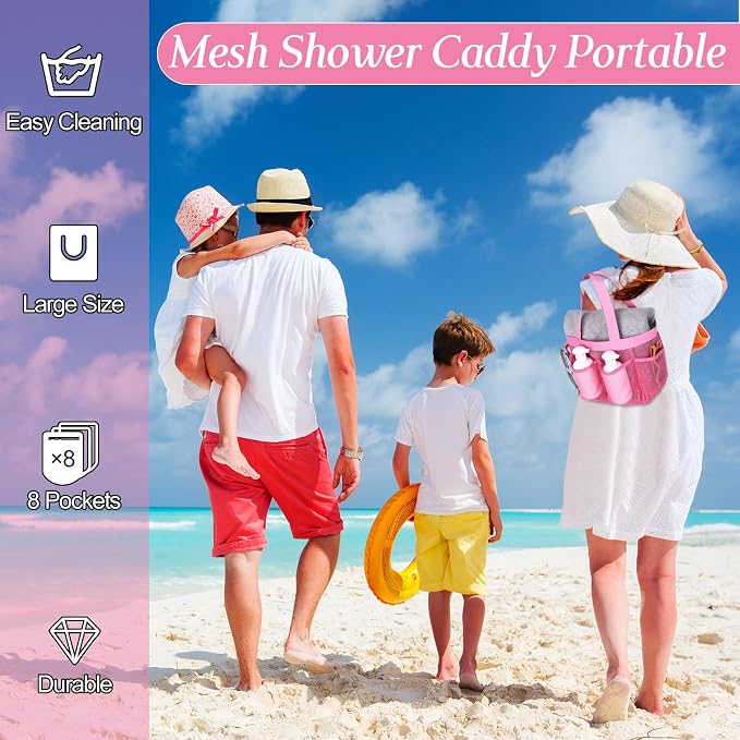 Hillban 4 Pcs Mesh Shower Caddy Portable Shower Caddy for Dorm Beach Mesh Bags with Deeper 8 Pockets and Handles Showers Caddies Basket for Women College Room Vacation(White, Pink, Green, Rose Red)