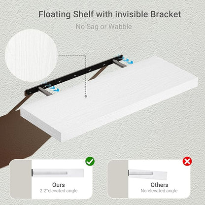 Vivelove Floating Shelves for Wall 24 inchs Long, 9.1” deep Wall Shelf for Bedroom, Bathroom, Living Room, Kitchen, Office Home Decor, Deep Wood Shelves with Invisible Brackets, Set of 2 White