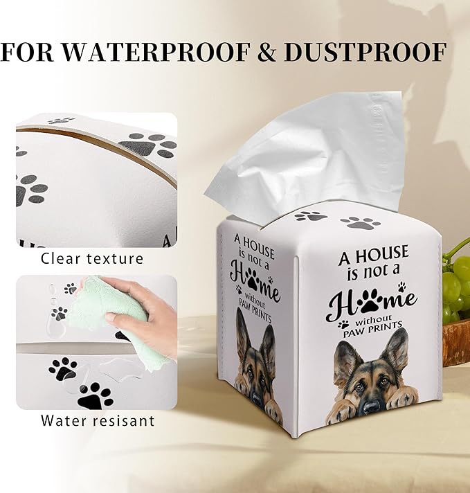 Grace Yonks Cute German Shepherd Tissue Box Cover Square, German Shepherd Dog Cube Case for Facial Tissues, 5.2" PU Leather(032)