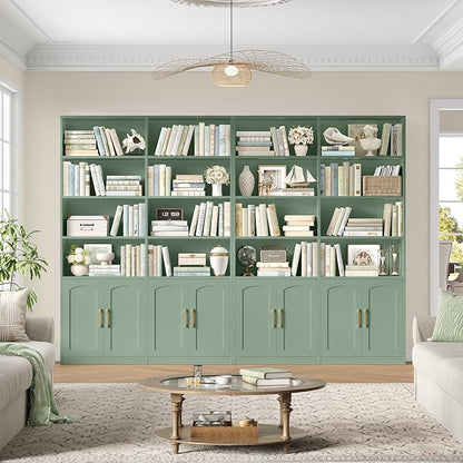FACBOTALL Bookshelf and Bookcase with Doors, 6 Tier Double Wide Large Bookshelves, Open Display Shelves, 73'' Tall Bookshelf with Storage Cabinets for Home Office, Living Room, Library, Green