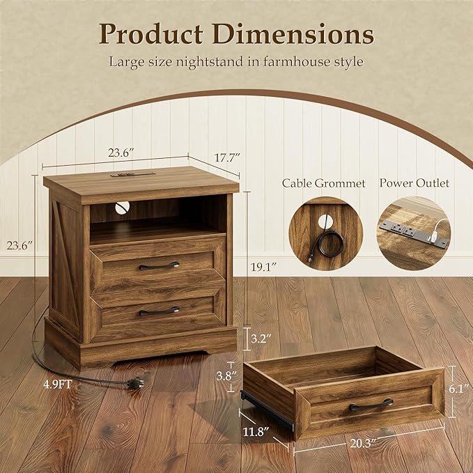 AODK 24 Inch Farmhouse Nightstand with Charging Station, Large Bedside Table with 2 Drawers, Rustic Wood End Table with Outlet and USB for Bedroom, Light Walnut