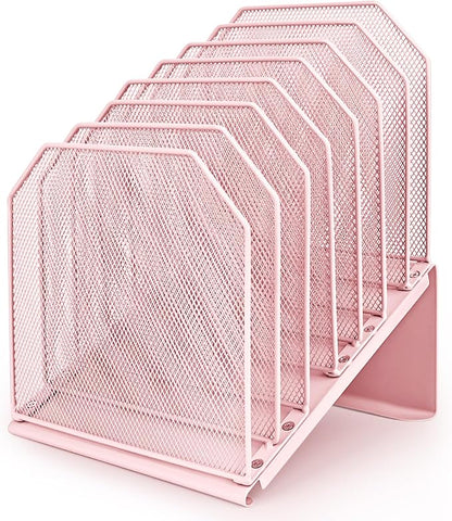 SUMMORO Inclined File Organizer for Desk, 7-Tier Vertical File Folder Holder Office Desk Organizer Metal Rack File Wire Mesh Desktop Document Sorter for Office School Classroom Home (Pink)