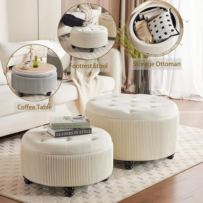 Round Ottoman with Storage Set of 2 Upholstered Velvet Vanity Stool for Living Room Storage Ottomans Multifunctional Foot Rest (Large-Off White)