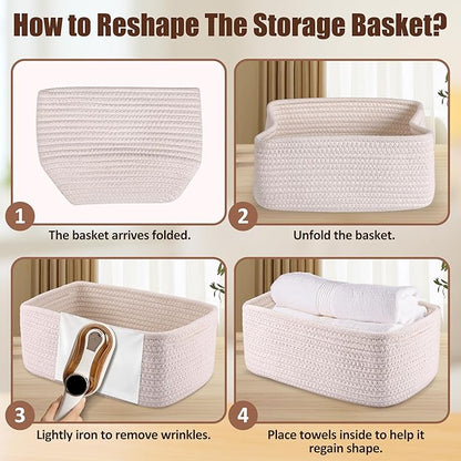 5-Pack Small Woven Rope Storage Baskets – 2 Sizes Organizer Bins for Closet, Shelf, Bookshelf, Nursery, Changing Table, Fabric Cube Boxes, Rectangular Shallow Bins for Bathroom, Toy & Home