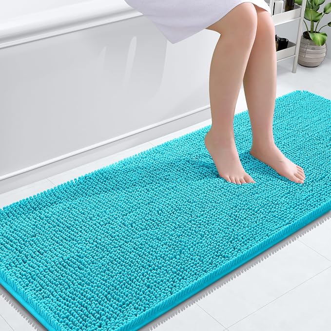 OLANLY Bathroom Runner Rugs 59x24, Soft Absorbent Chenille Bath Rugs, Rubber Backing Quick Dry, Machine Washable Long Bath Mats for Bathroom Floor, Tub and Shower, Home Decor Accessories, Aqua Sky