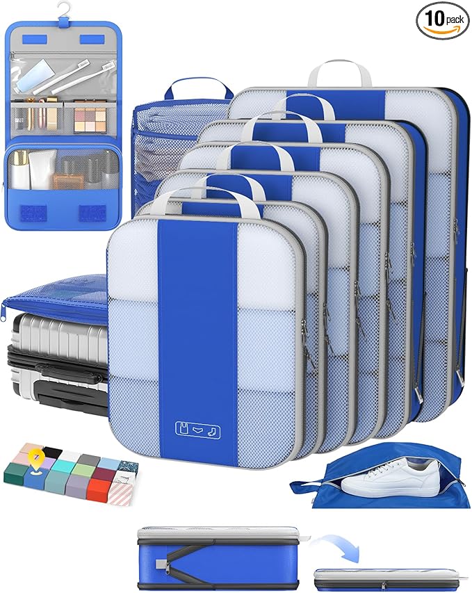 10 Set Compression Packing Cubes for Travel Essentials,Compressible Expandable Packing Cubes for Suitcase,OlarHike Luggage Garment Bags for Travel,Handy Helper for Organizing Clothes(Klein Blue)