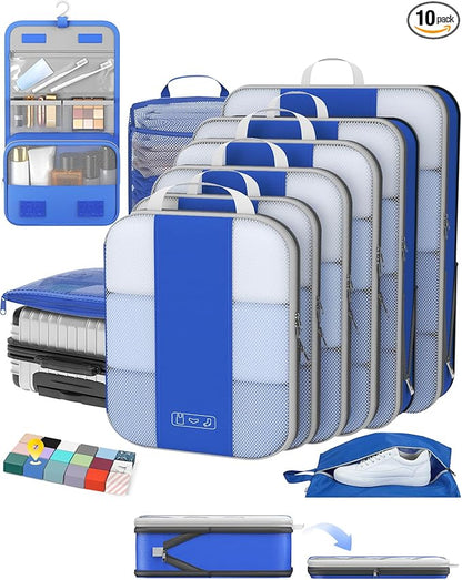 10 Set Compression Packing Cubes for Travel Essentials,Compressible Expandable Packing Cubes for Suitcase,OlarHike Luggage Garment Bags for Travel,Handy Helper for Organizing Clothes(Klein Blue)