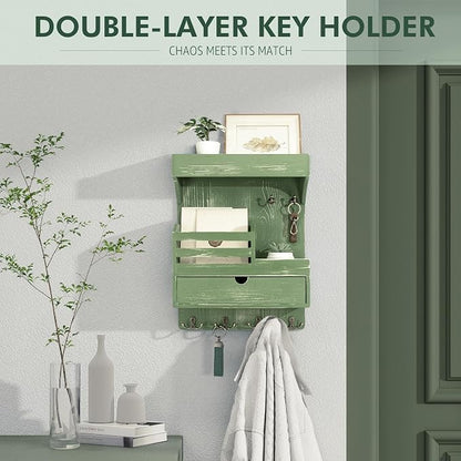 Rebee Vision Pine Wood Key Holder Wall Mount with Small Drawer Organizer - Farmhouse Key Holder for Wall with 6 Sturdy Hooks & Floating Shelf - Perfect for Room Decor (Green)