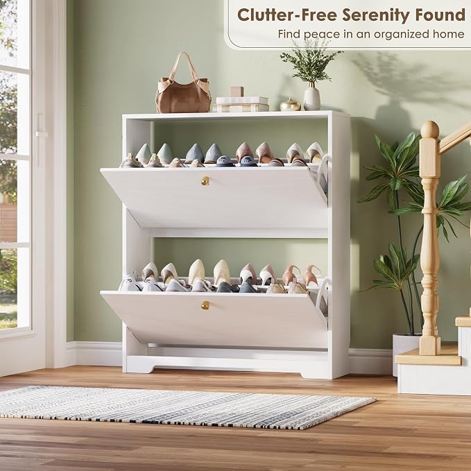 Nicetree Shoe Cabinet with 2 Flip Drawers, Narrow Shoe Organizer Cabinet, Freestanding Shoe Rack Cabinet, Modern Shoe Storage Cabinet for Entryway, Hallway, Foyer, White