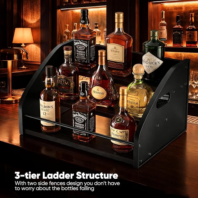 Countertop Liquor Bottle Organizer Shelf, 3-Tier | Rustic Display Rack, For Wine & Coffee Syrups, Freestanding Bar and Kitchen Storage, Easy-Carry Handles