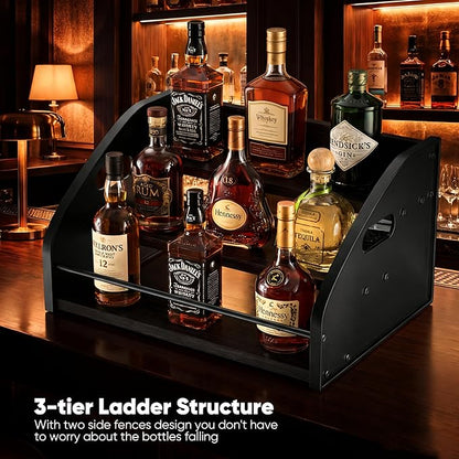 Countertop Liquor Bottle Organizer Shelf, 3-Tier | Rustic Display Rack, For Wine & Coffee Syrups, Freestanding Bar and Kitchen Storage, Easy-Carry Handles