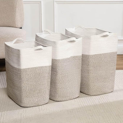 Tall Laundry Basket With Handles,Woven Cotton Rope Big Laundry Hamper Sorters,Versatile Storage for Dirty Clothes,Baby Toys,and Blankets in Bathroom, Nursery,and Living Room (White Brown, 80L)