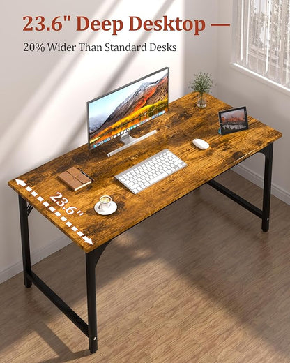 Computer Desk, 55.1" Office Desk, Extra Wide 23.62” Deep Desktop, 0.59” Thick Heavy-Duty Home Office Desks, Office Table with Steel Frame, Modern Wood PC Desk for Bedroom Study Writing Gaming Work