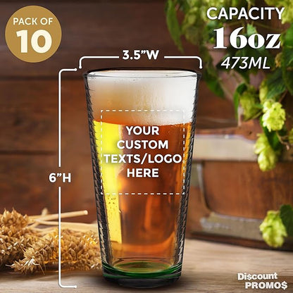 Custom Spiral Pint Glass 16 oz. Set of 10, Personalized Bulk Pack - Beer Glasses, Heavy Duty Drinkware - Green