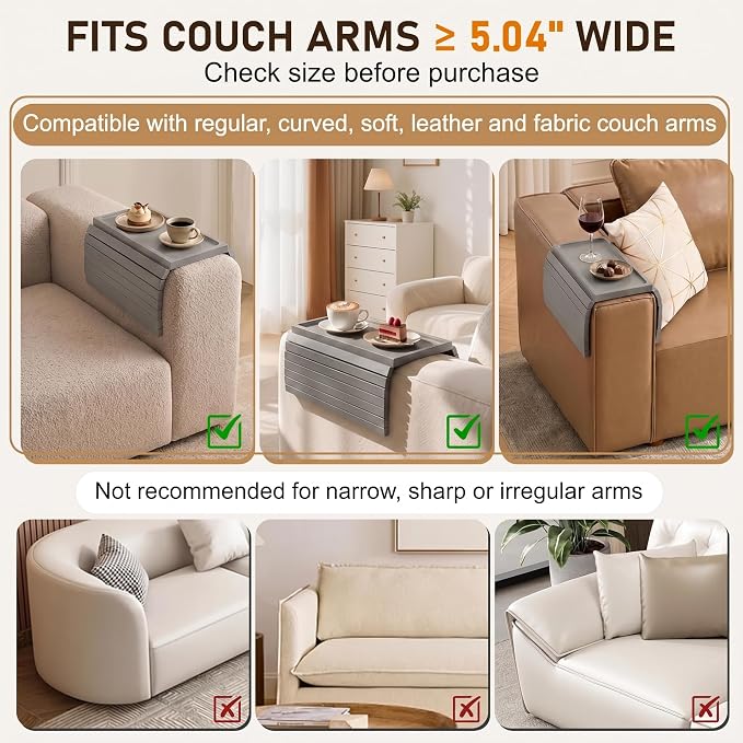 Grey Acacia Wood Couch Armrest Table, Couch Arm Tray, Foldable Anti-Slip Bamboo Couch Tray, Sofa Cup Holder for Drink Snacks Remote Control