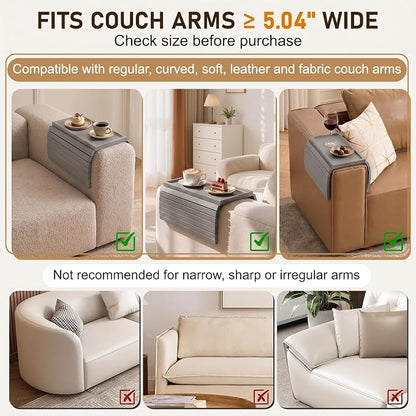 Grey Acacia Wood Couch Armrest Table, Couch Arm Tray, Foldable Anti-Slip Bamboo Couch Tray, Sofa Cup Holder for Drink Snacks Remote Control