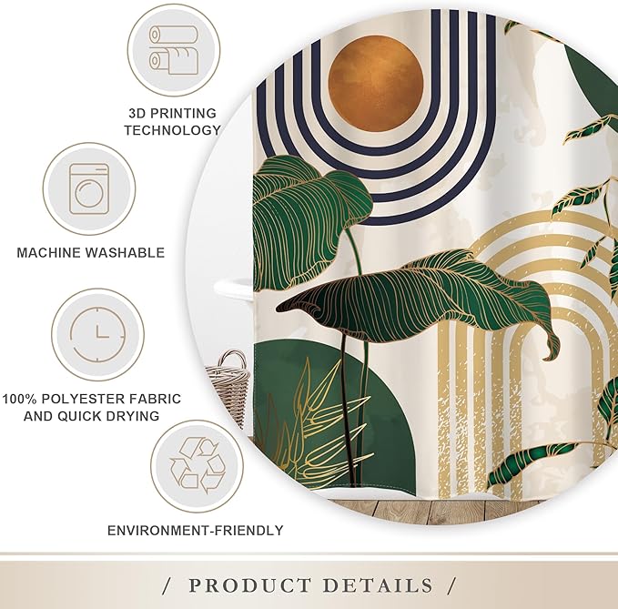 Glawry Abstract Mid Century Shower Curtain Green Retro Boho Tropical Palm Tree Sun Arch Bathroom Modern Minimalist Aesthetic 72Wx72L Inches Bath Accessories Art Home Decor Fabric 12 Pack Hooks