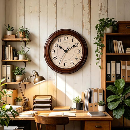 KECYET Wall Clock, 9 Inch Silent Battery Operated Non-Ticking Wall Clock Classic Decorative for Living Room, Kitchen,Office, Bedrooms(Brown)