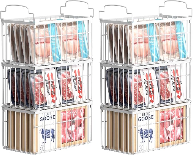 Freezer Organizer Bins, 6 Pack Stackable Deep Chest Freezer Organizer Bins, Foldable Freezer Baskets with Handles, White Freezer Storage Organizer Baskets for 7 Cu.FT Deep Freezer Sort Frozen Meats