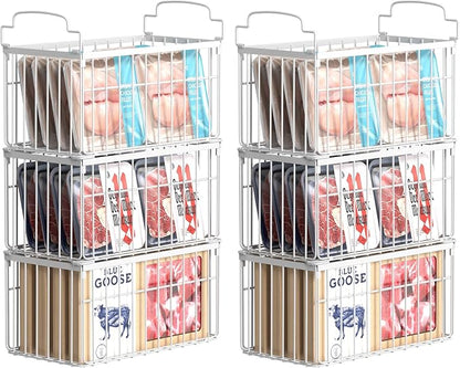 Freezer Organizer Bins, 6 Pack Stackable Deep Chest Freezer Organizer Bins, Foldable Freezer Baskets with Handles, White Freezer Storage Organizer Baskets for 7 Cu.FT Deep Freezer Sort Frozen Meats