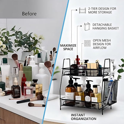LEMIKKLE 2-Tier Bathroom Countertop Organizer,Skincare, Makeup Countertop Organizers, Kitchen, Bathroom Counter Storage with Small Basket (Black)