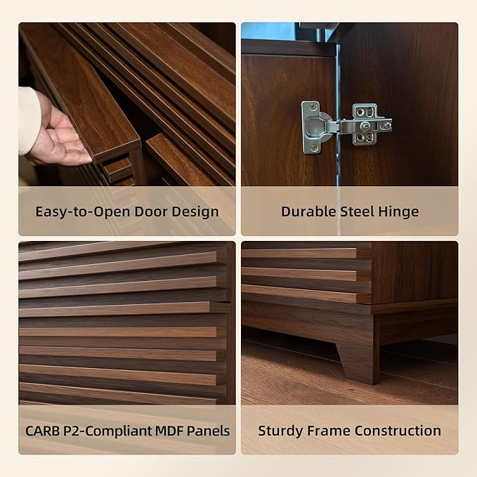 VNN 36 Inch Bathroom Vanity with Ceramic Sink - Freestanding Modern Bathroom Storage Vanity Cabinet with Fluted Design, Soft-Close Doors, Shelves, Toilet Paper Holder & Towel Hooks, Walnut