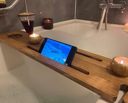 Handmade Wooden Bathtub Tray - 3 Different Size Options - Rustic Structure - Water Insulator - Bath Tray Caddy with Wine Glass Holder (36", BLACK BROWN)
